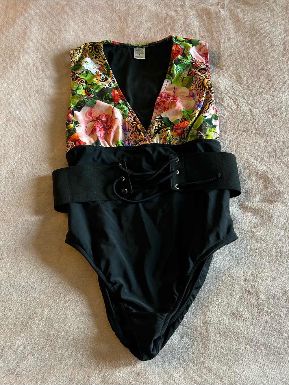 Venus Camille plunge black and floral one piece swimsuit lace up corset belt 8